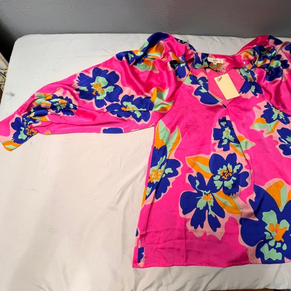 Entro Pink Bold Print Artsy Valentines Love Floral Balloon SL V Neck Blouse Sz S - Picture 8 of 13